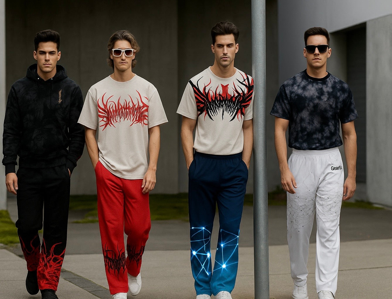 Four men wearing different GearFit brand outfits walking outdoors